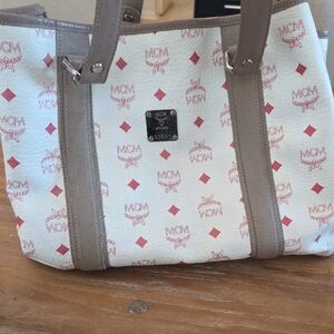 MCM White and Tan Tote with Red Accents